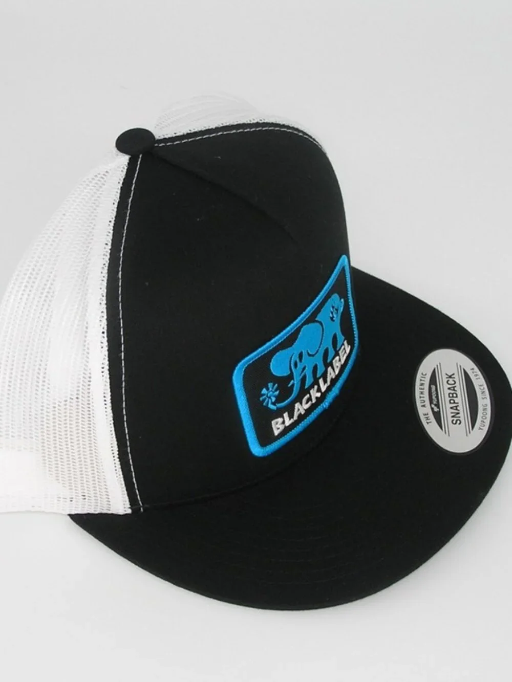 Black Label Skateboards Patch on Yupoong Classic 6006 Snapback Black/White Hat